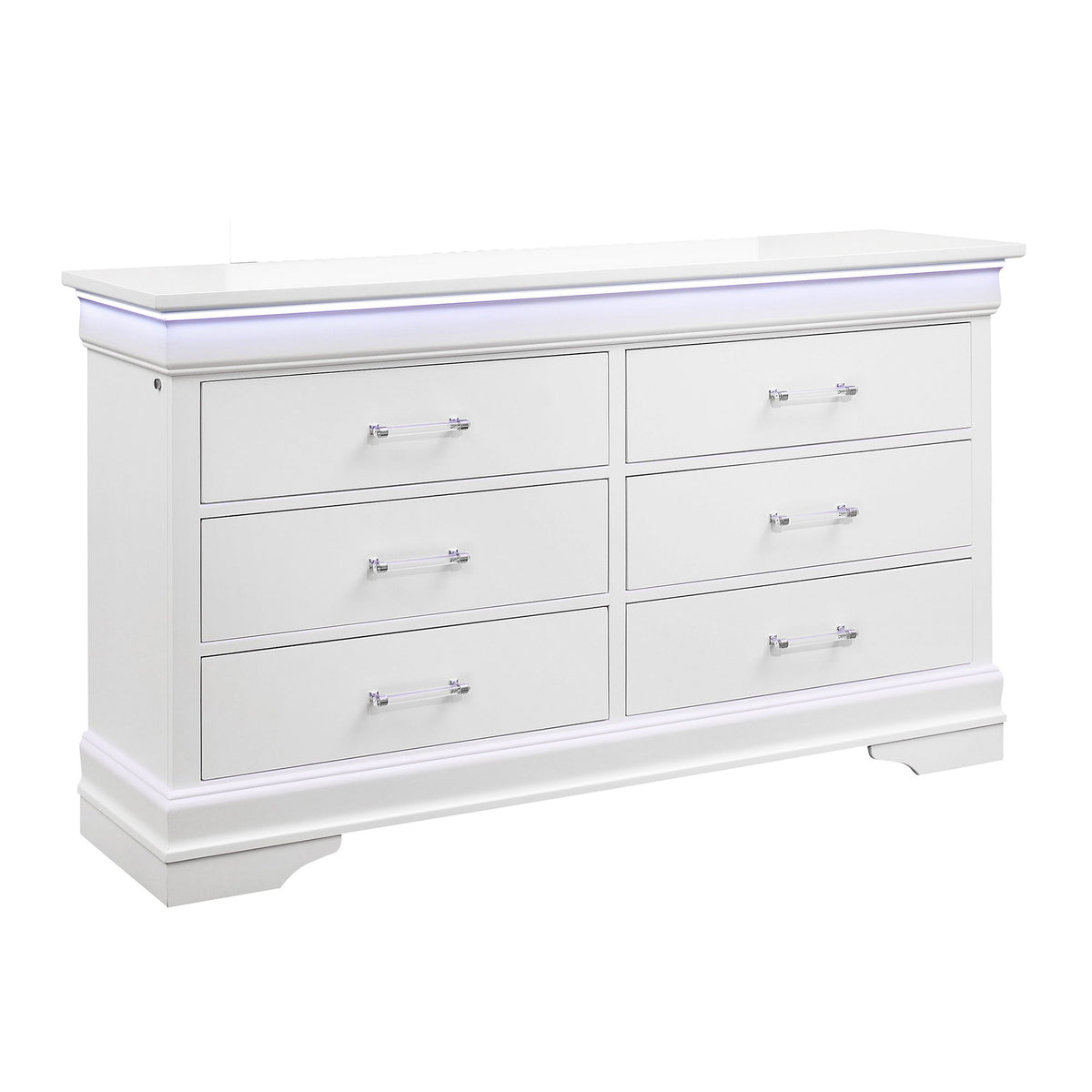 White bedroom dresser with six drawers and silver bar pulls
