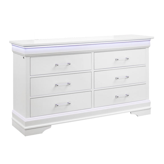 White bedroom dresser with six drawers and silver bar pulls