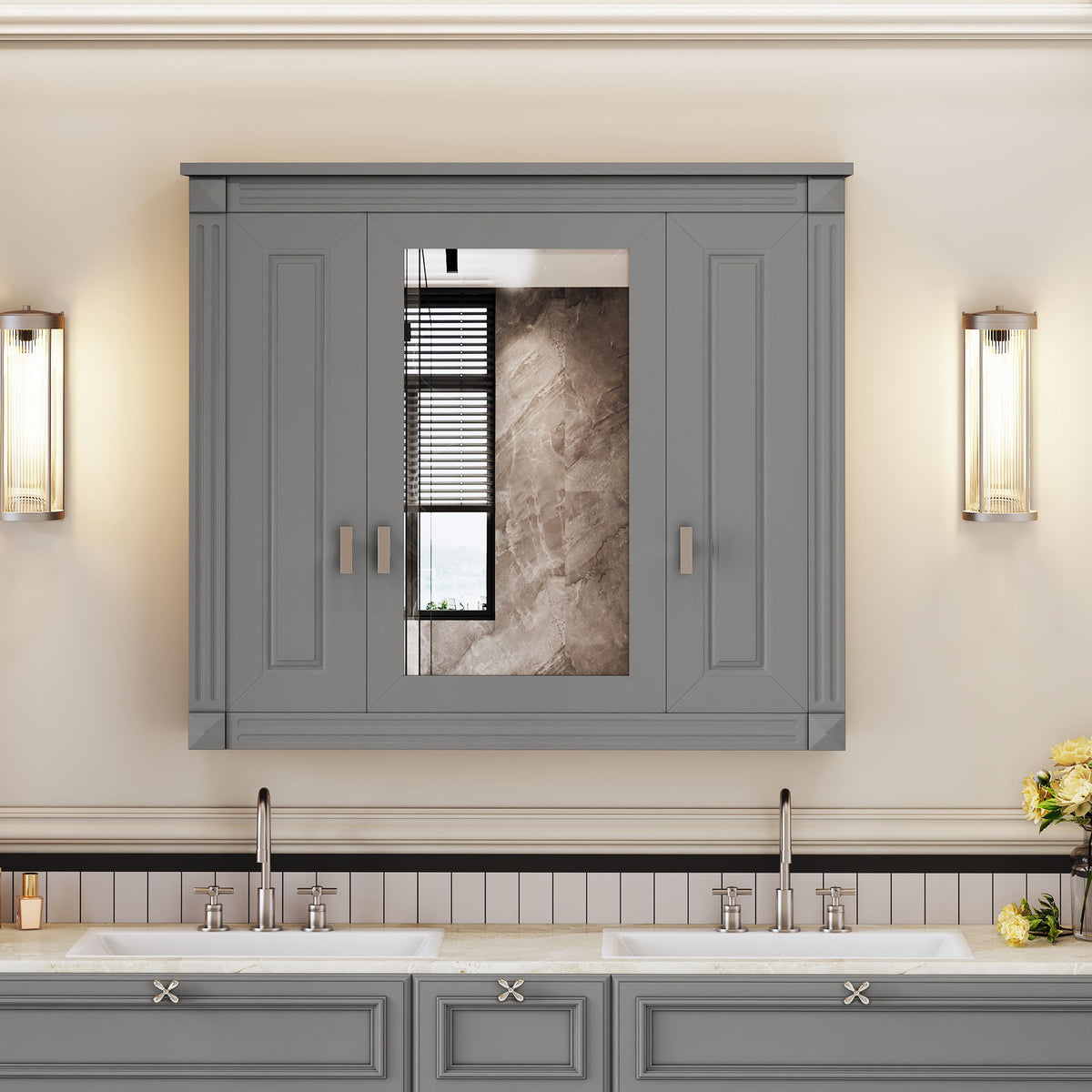 Wall Mounted Bathroom Cabinet With Mirror And 4 Shelves, Rectangular Design - Gray