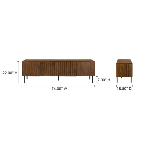 Brown media cabinet dimensions: 74W x 22H x 18.5D in with black legs