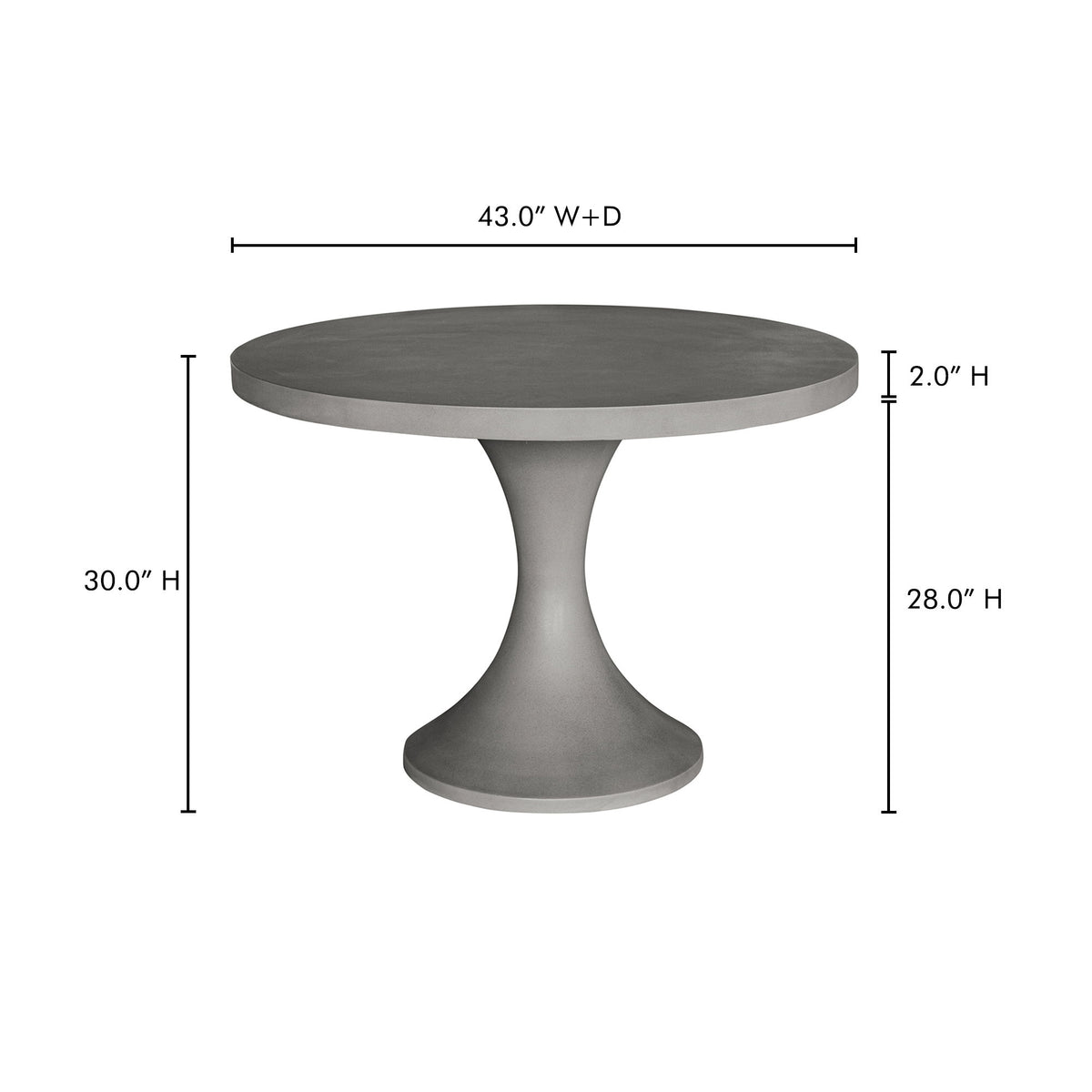 Round dark gray outdoor dining table with pedestal base, dimensions shown