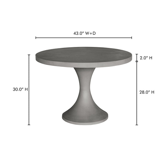 Round dark gray outdoor dining table with pedestal base, dimensions shown