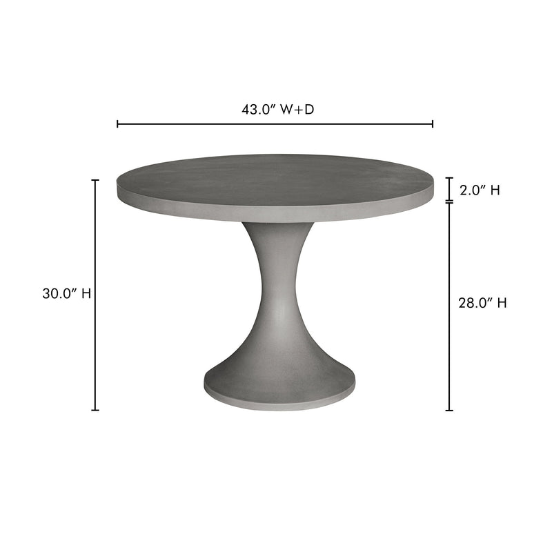 Round dark gray outdoor dining table with pedestal base, dimensions shown