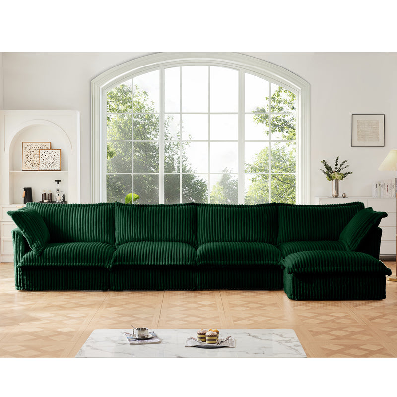 4-Seater Slipcovered L-Shaped Corduroy Sectional Sofa - Green Corduroy