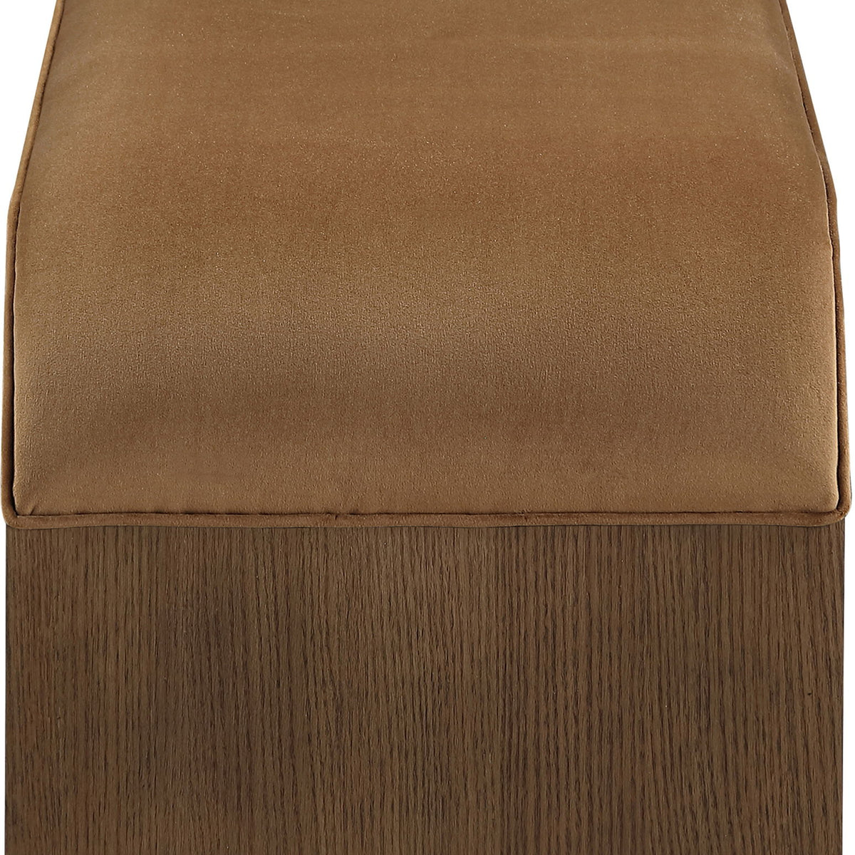 Saddle velvet upholstered bench top and wood base with edge seams