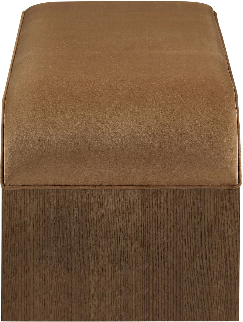 Saddle velvet upholstered bench top and wood base with edge seams