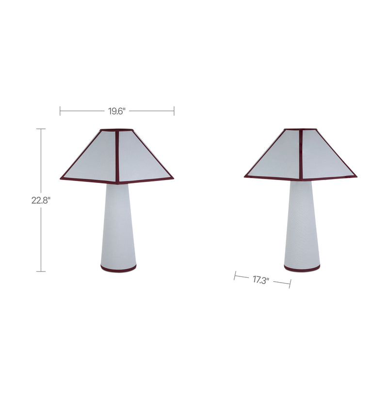 Table lamp shown from two angles with conical shade and white pedestal base