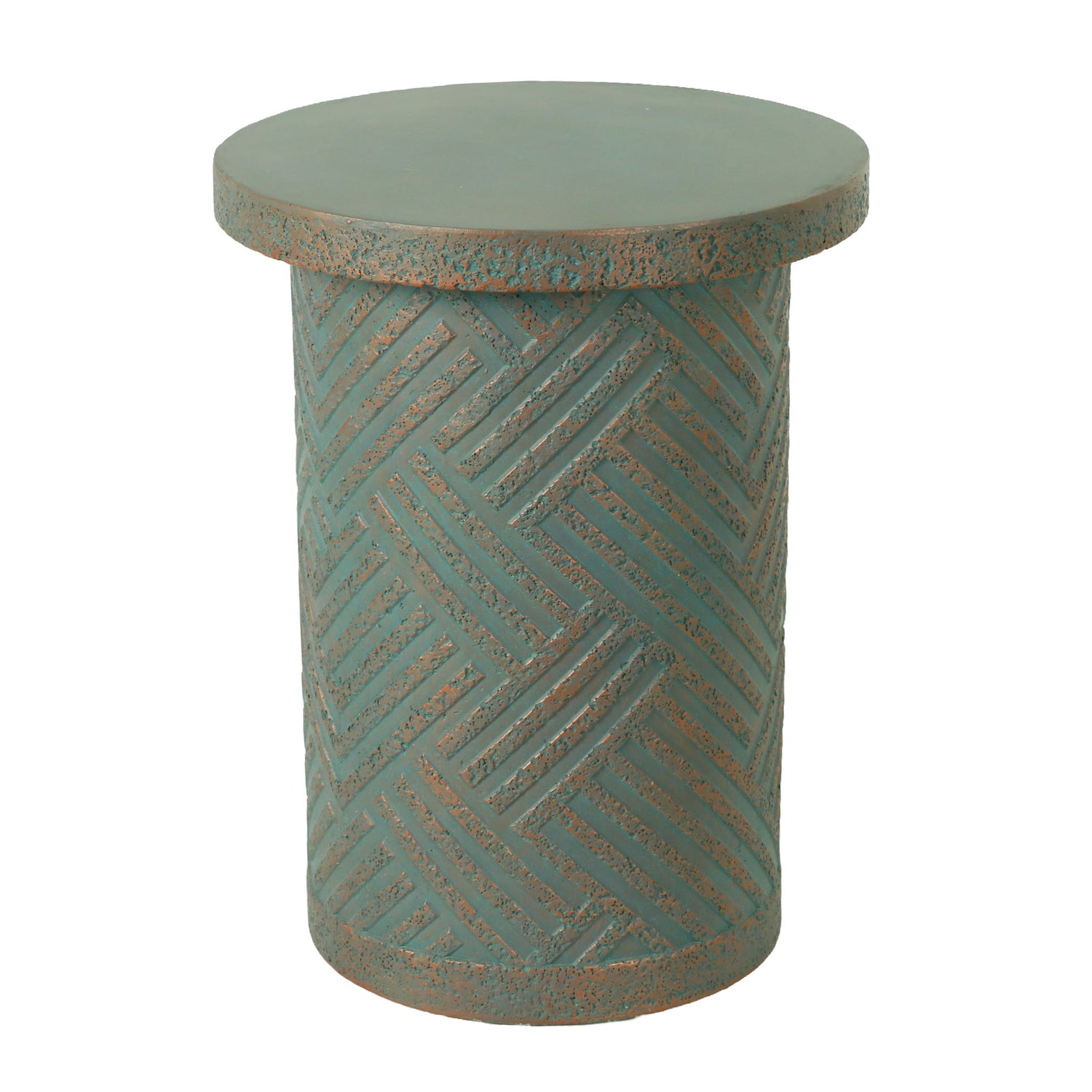 Round Outdoor End Table With Tree Stump Design For Patio - Golden / Green / Peacock