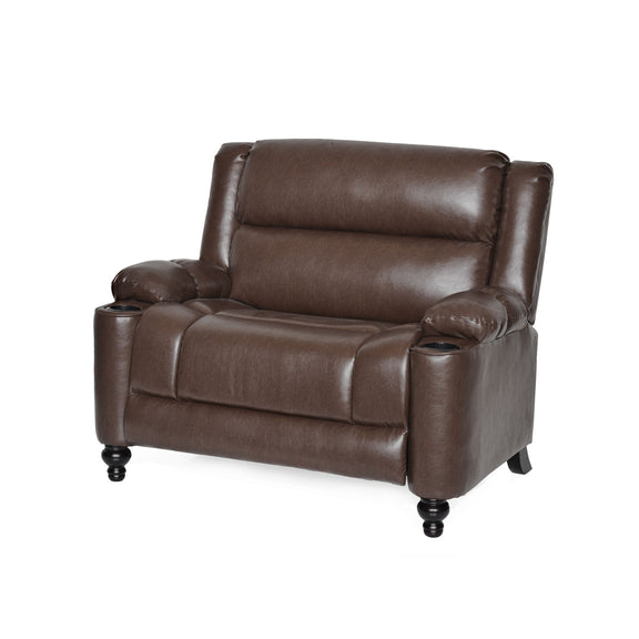 Dark brown manual recliner chair with padded arms, cushioned seat, and knob feet