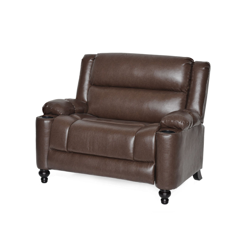 Dark brown manual recliner chair with padded arms, cushioned seat, and knob feet