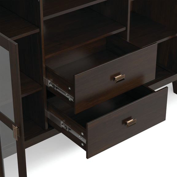 Tall TV media stand open with three drawers, metal slides, and interior shelves