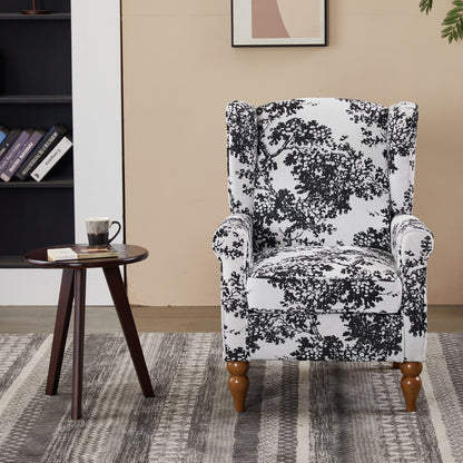 Coffee Table & Armchair Set, Vintage Luxury Style, a high-back reading chair (Antique White + Gray) & a solid wood coffee table (Walnut-Tone), suitable for living rooms and bedroom relaxation areas, Scandinavian