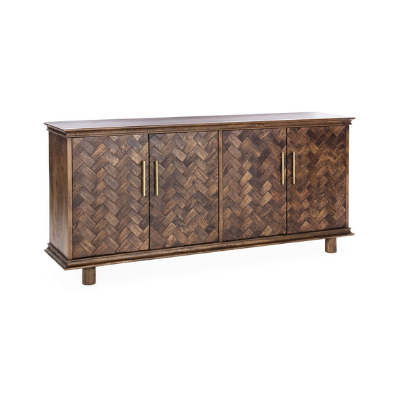 4-door wooden buffet with herringbone-pattern doors and gold bar handles