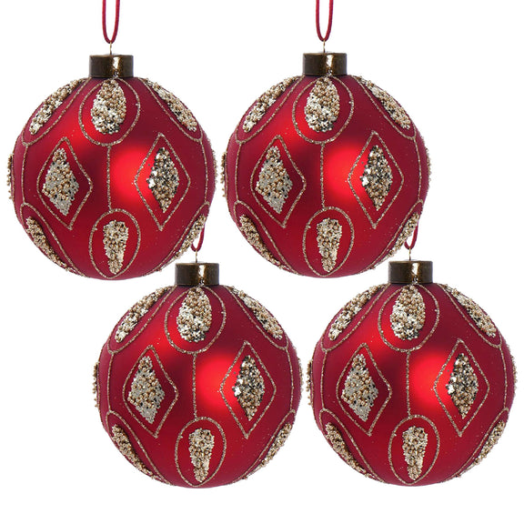 Four red hanging Christmas ornaments with gold beaded patterns and decorative caps