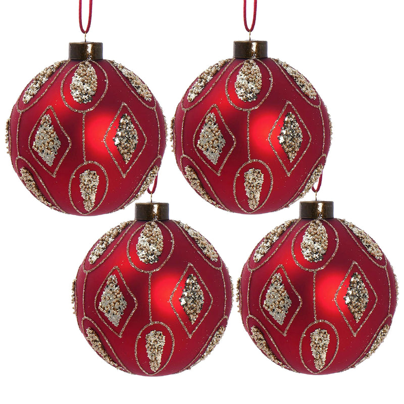 Four red hanging Christmas ornaments with gold beaded patterns and decorative caps