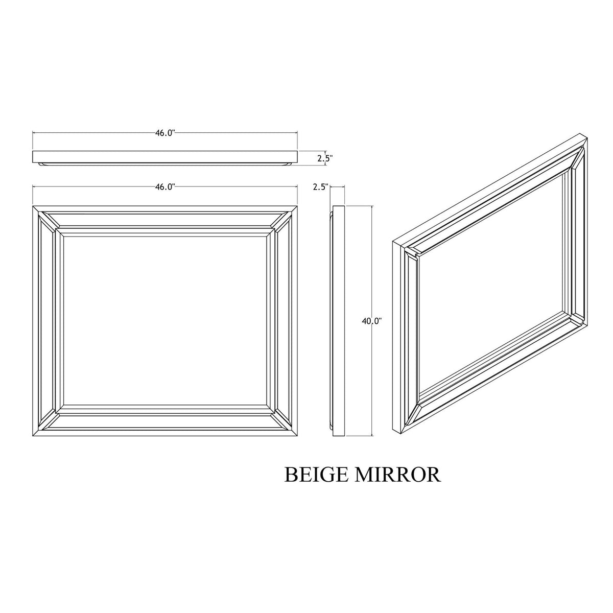 Technical line drawing of beige rectangular mirror frame with shown dimensions