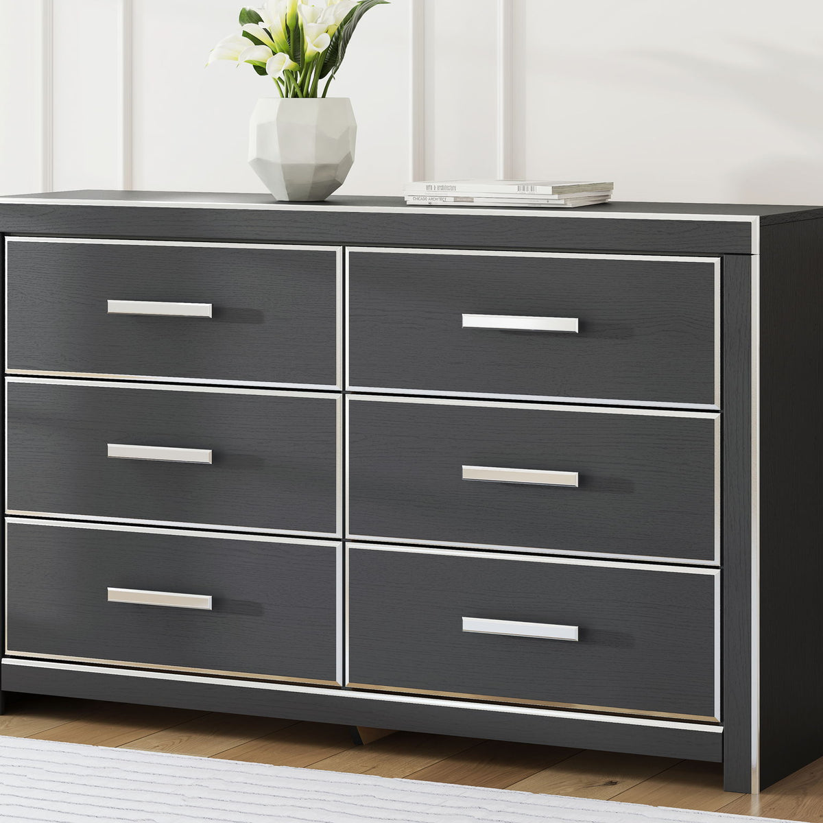 Six-drawer dresser with dark finish and white bar handles, six drawers