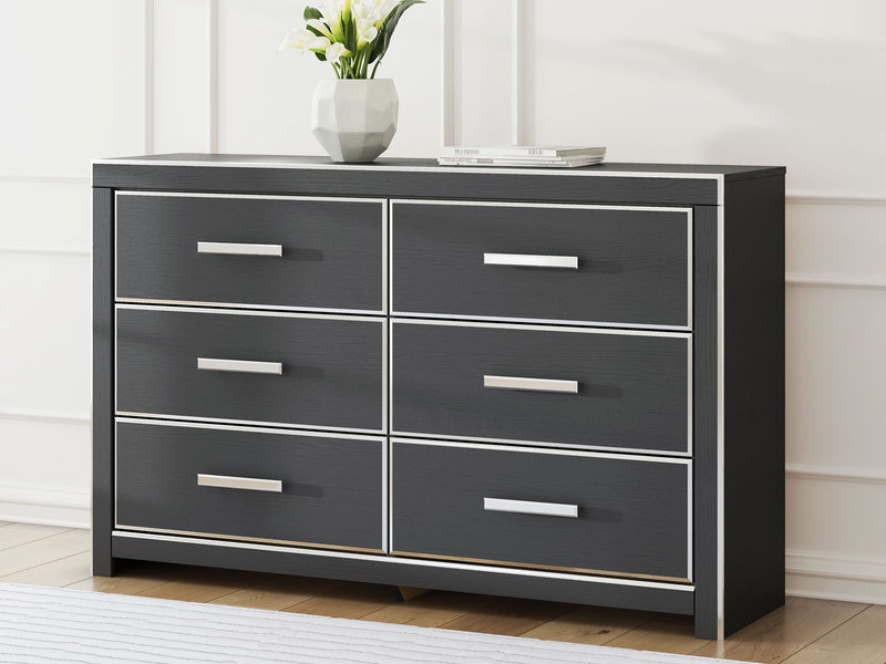 Six-drawer dresser with dark finish and white bar handles, six drawers