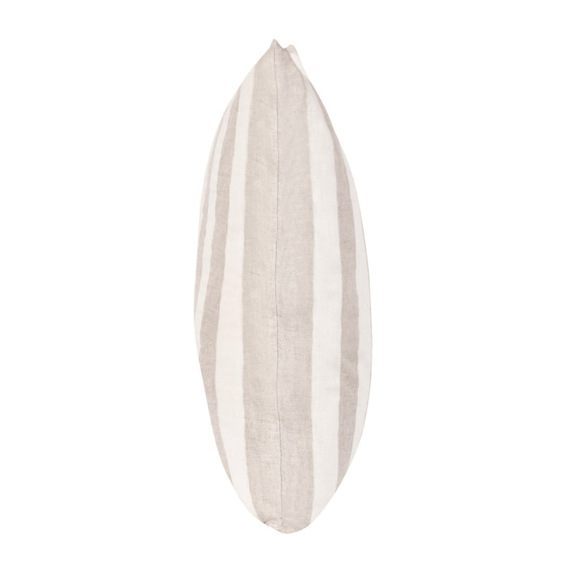 Pillow side profile with vertical ivory and natural stripes on textured fabric