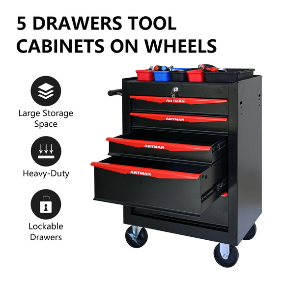 Rolling steel tool cabinet with 5 drawers, red drawer trim, lockable drawers, caster wheels