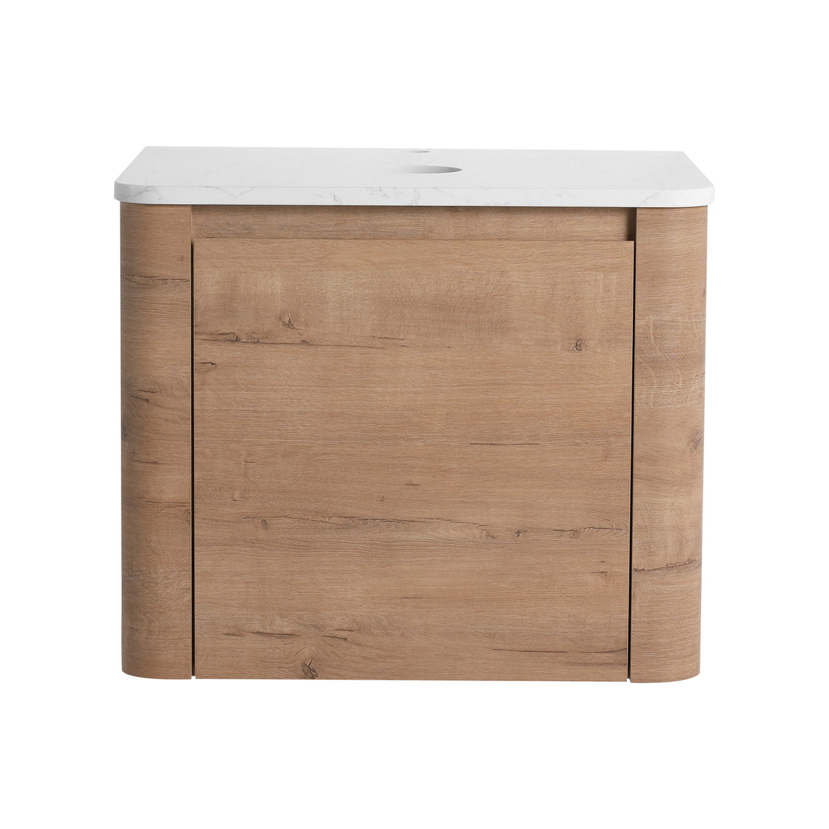 Dark wood bathroom vanity cabinet with white marble-look top and two doors