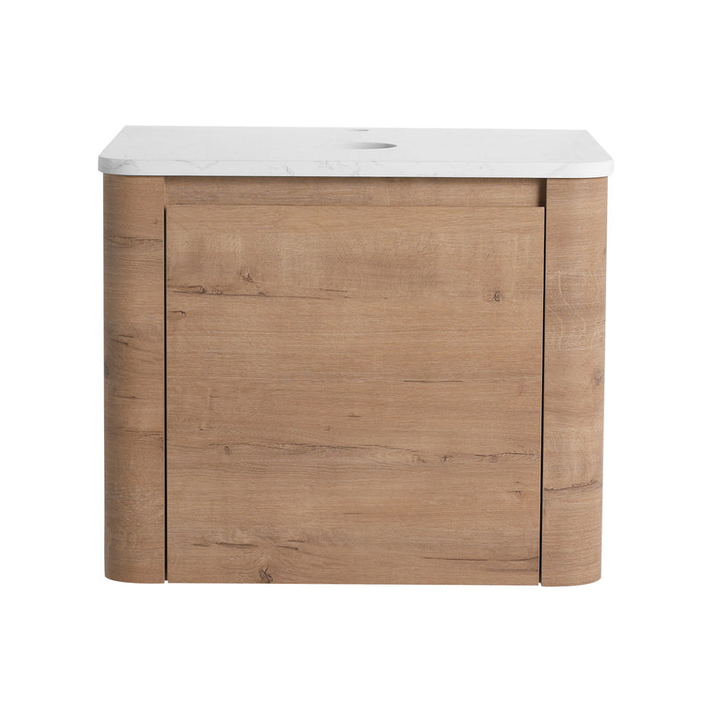 Dark wood bathroom vanity cabinet with white marble-look top and two doors