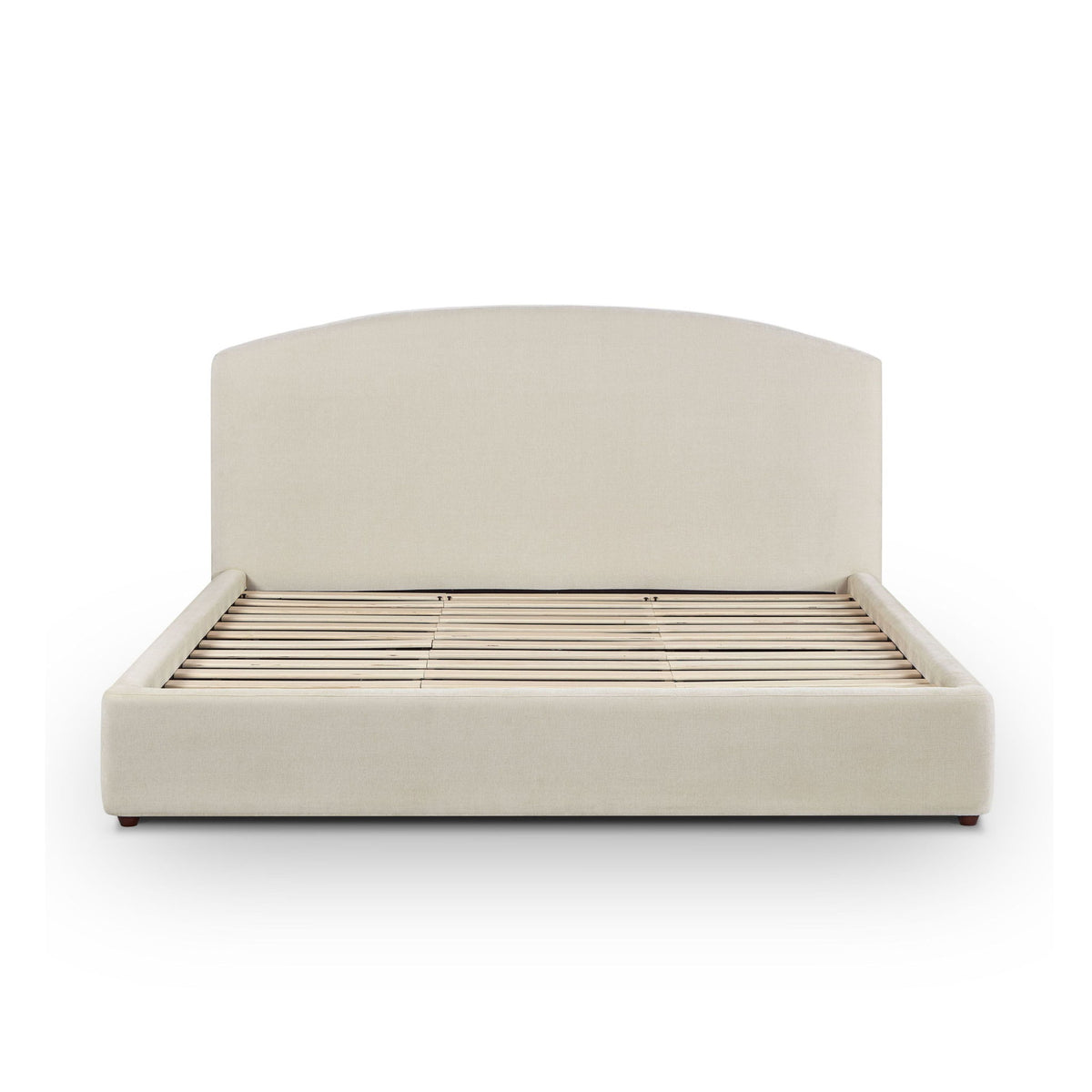 Upholstered bed base in light brown with wooden slats visible under headboard