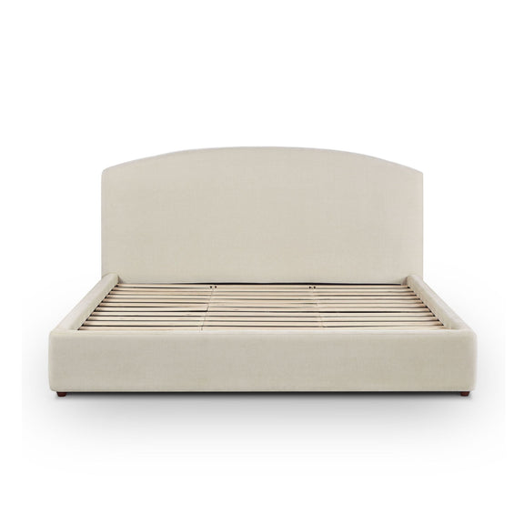 Upholstered bed base in light brown with wooden slats visible under headboard