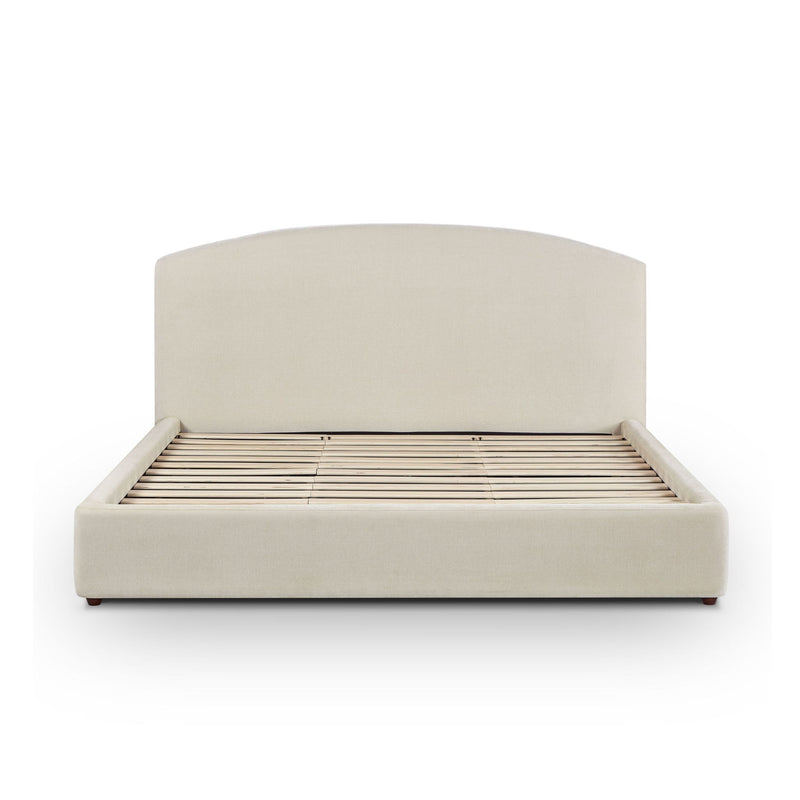 Upholstered bed base in light brown with wooden slats visible under headboard