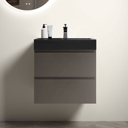 Wall-mounted bathroom vanity with sink, black countertop over dark gray cabinet