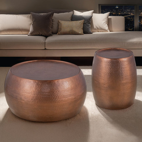 Two-piece round hammered metal table set with dark tops, bronze finish