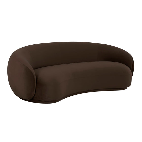 Dark brown velvet sofa with rounded back and curved ends, low armless design