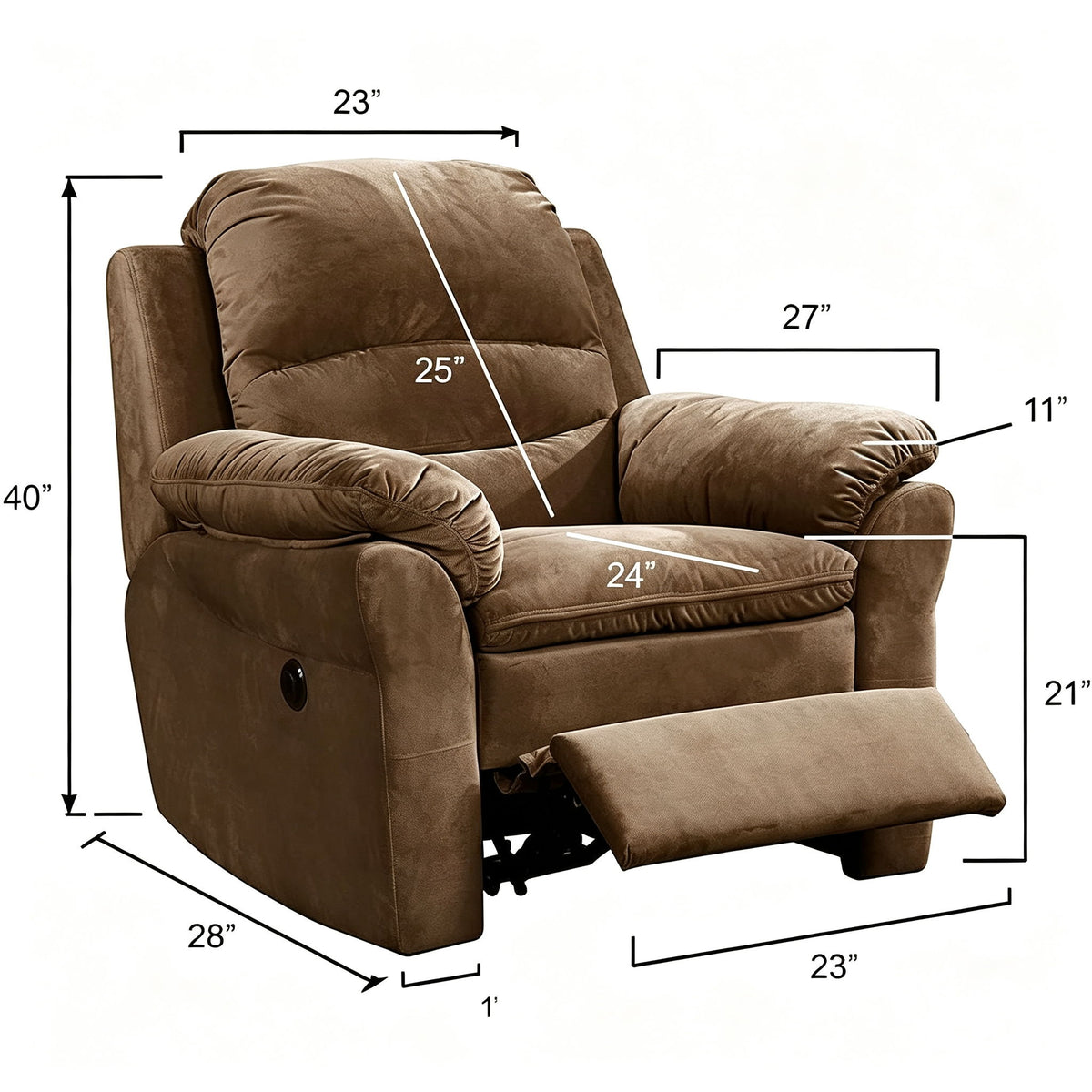 Brown recliner chair with labeled size measurements and pull-out footrest
