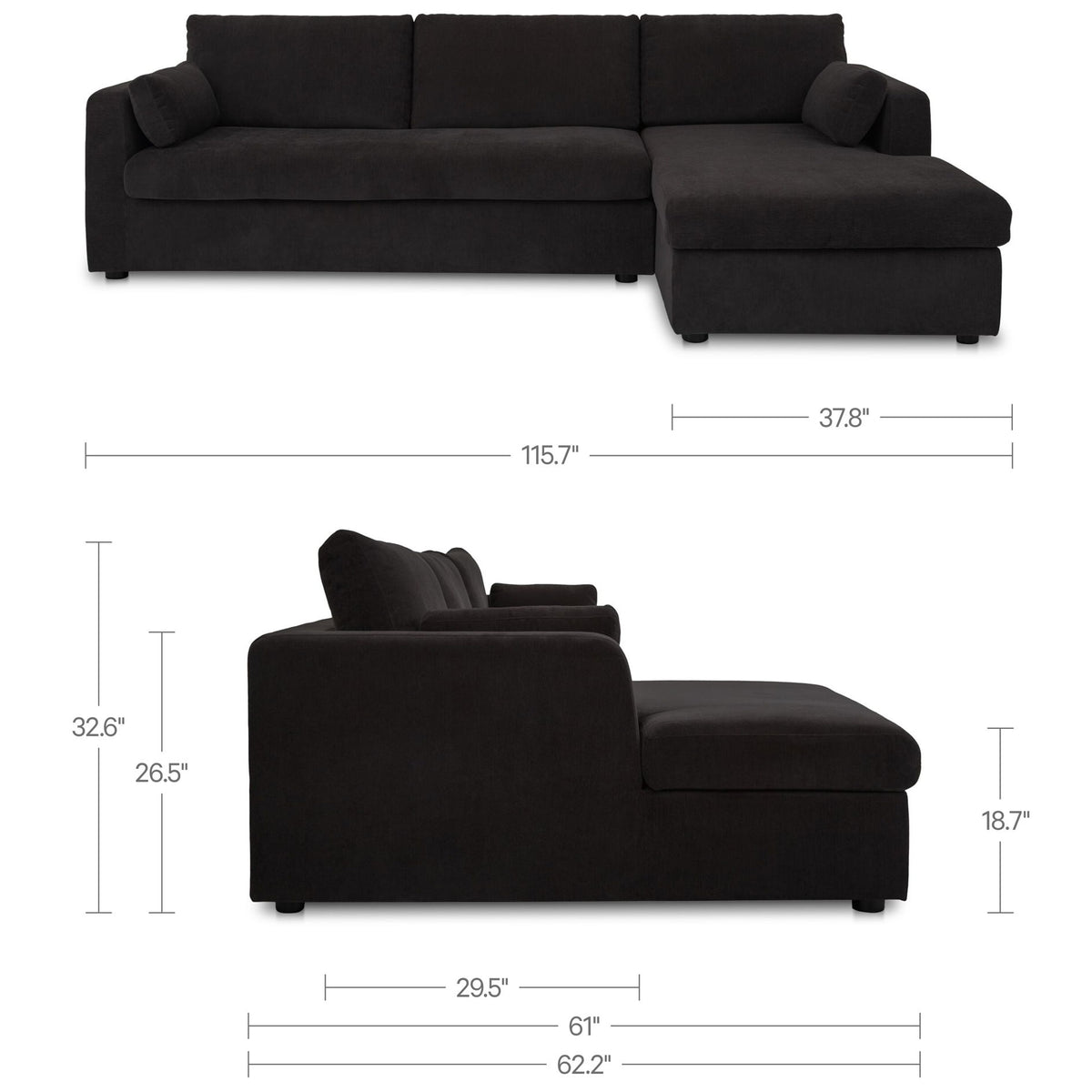 Burrow sectional sofa with right chaise in black fabric, size diagram shown