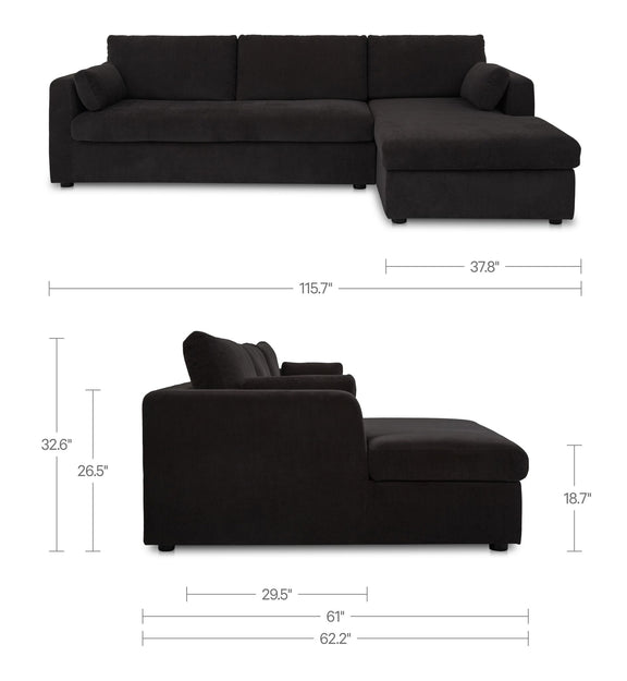 Burrow sectional sofa with right chaise in black fabric, size diagram shown