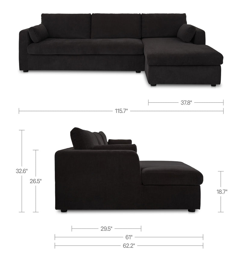 Burrow sectional sofa with right chaise in black fabric, size diagram shown