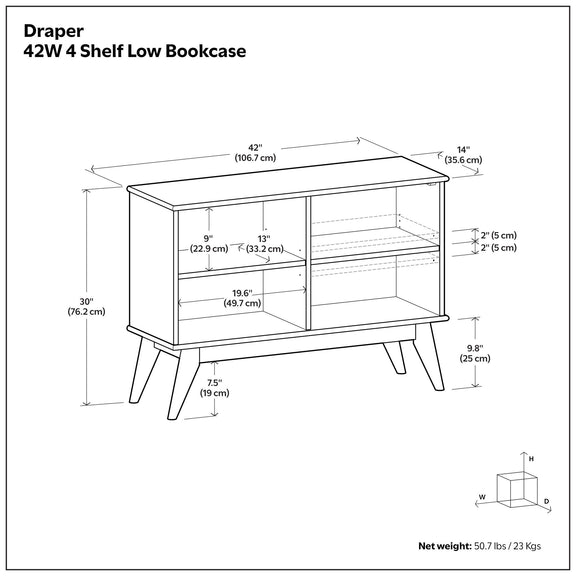 Low bookcase dimensions diagram with measurement labels on white background