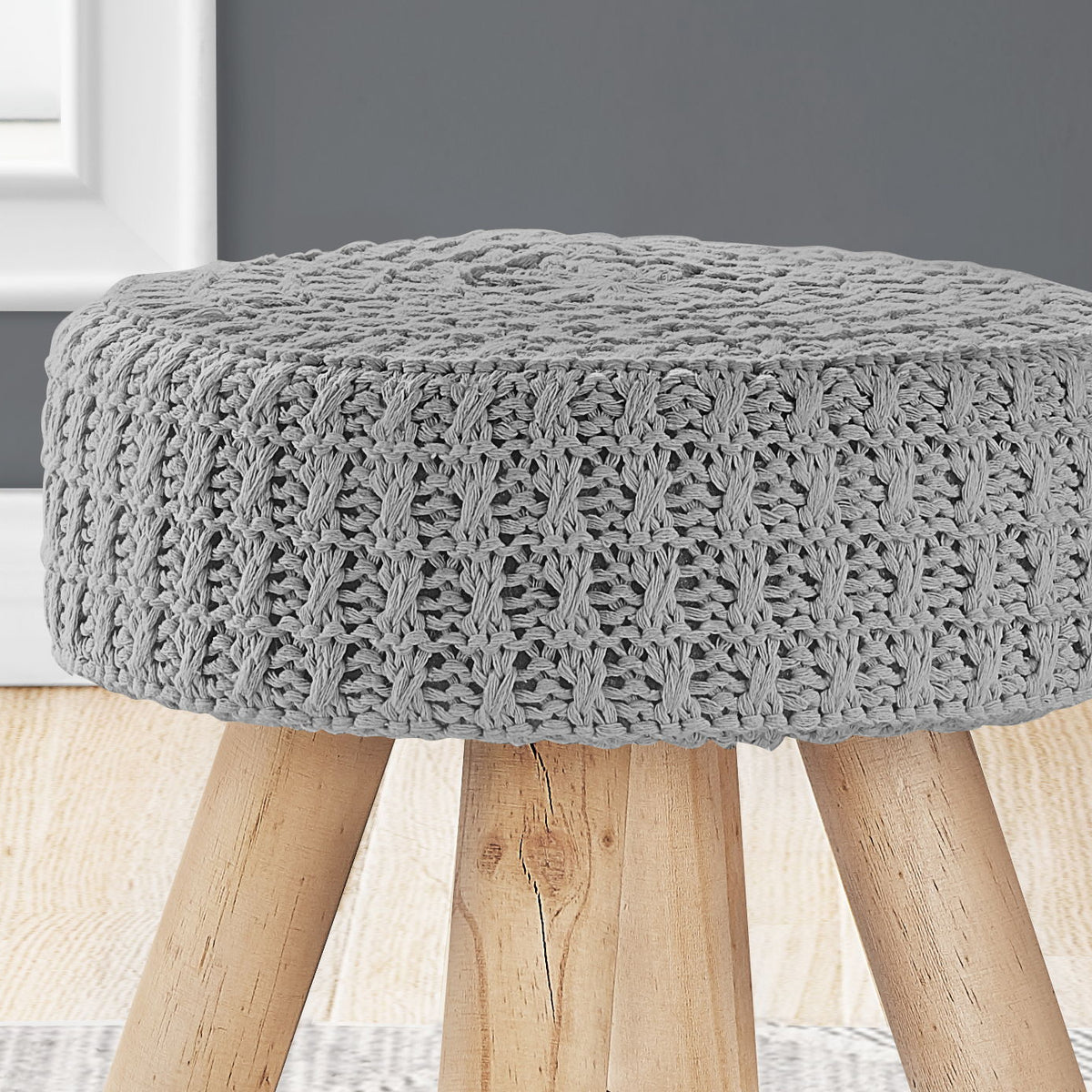 Ottoman, Pouf, Footrest, Foot Stool, Round Velvet, Natural Wood Legs, Contemporary, Modern