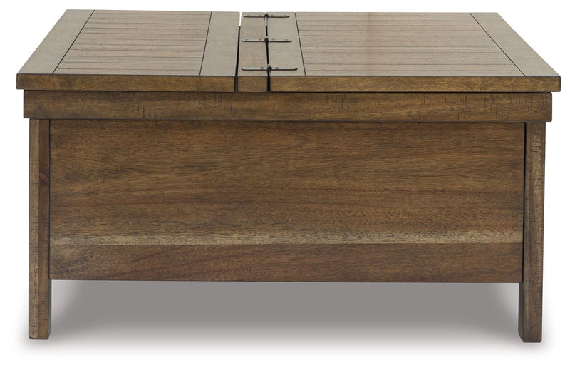 Grayish-brown lift-top cocktail table with two-piece hinged top and four turned legs