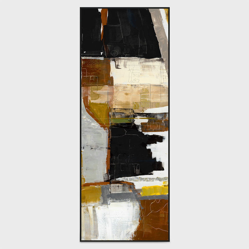 Abstract wall art in black, white, and warm tan with black border frame and brushstrokes