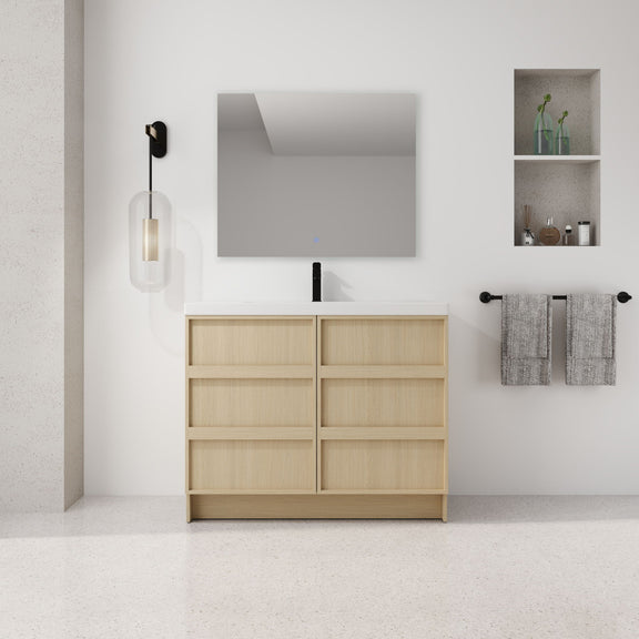 Freestanding bathroom vanity with white sink top and two-door cabinet with soft-close hinges