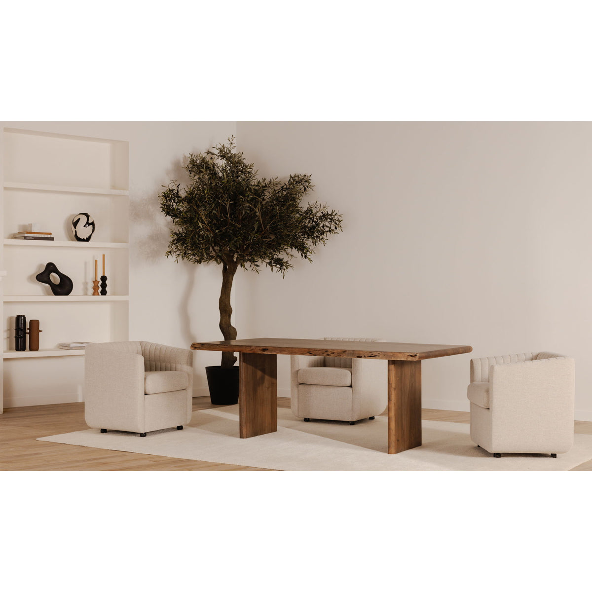 Large brown dining table with live-edge top and four wide wooden legs