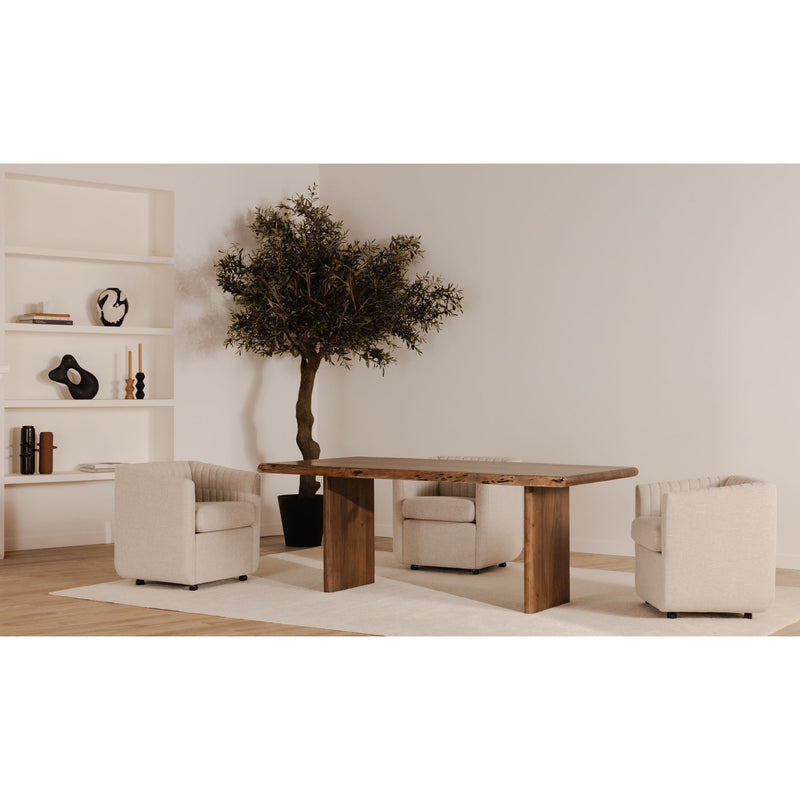 Large brown dining table with live-edge top and four wide wooden legs
