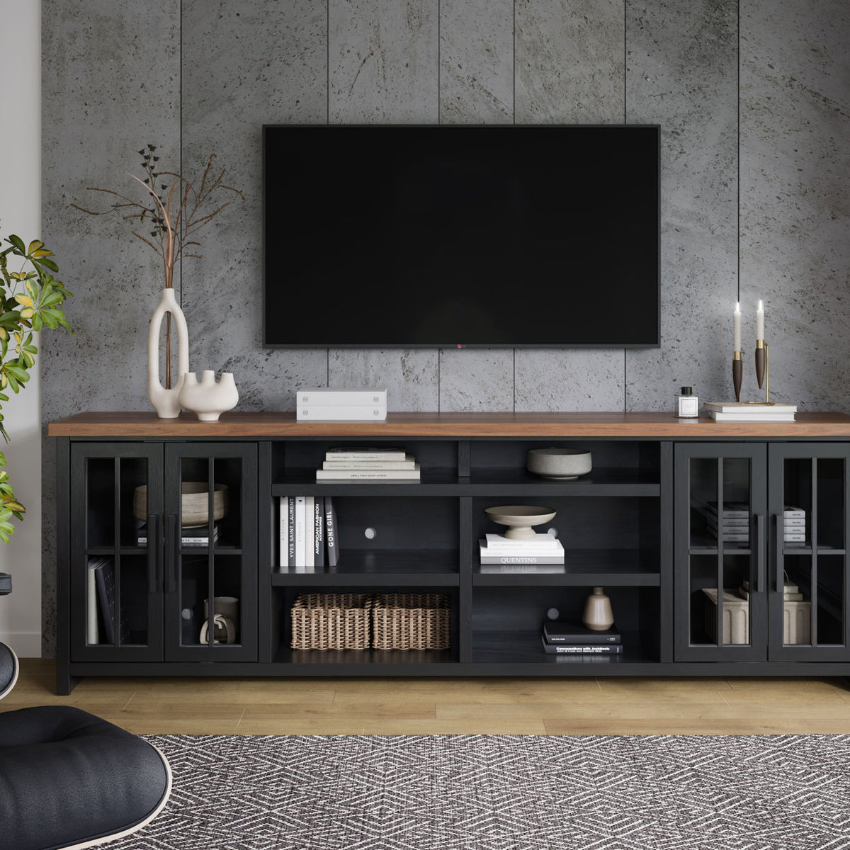 Essex - TV Stand Console For TVs Up To 100" - Black, Whiskey