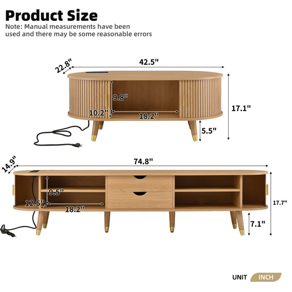 Light wood TV stand and round coffee table set with size dimensions and charging cable