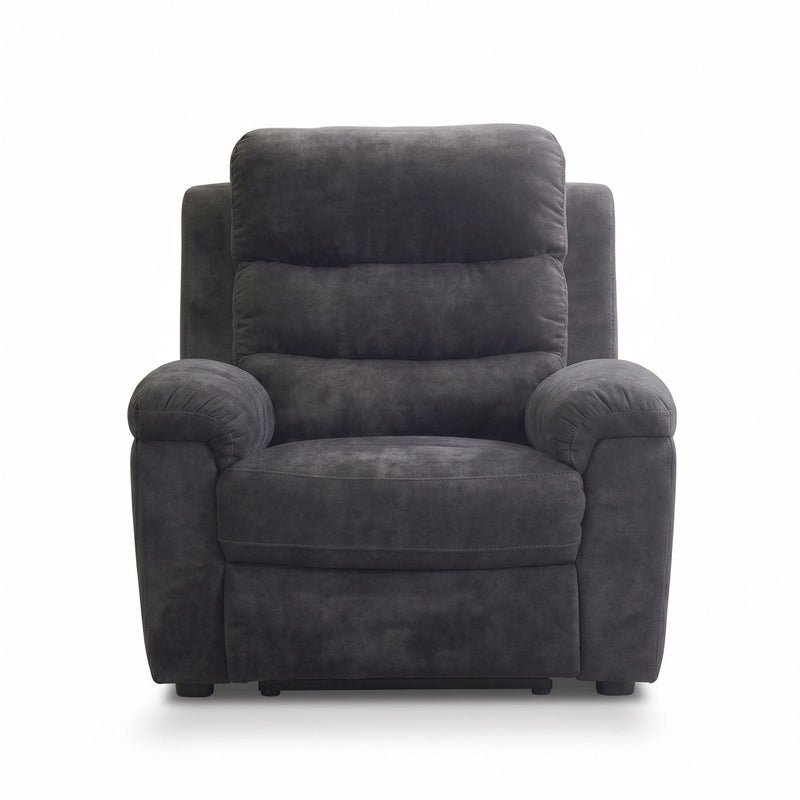 Dark gray manual recliner chair with padded arms and tufted backrest