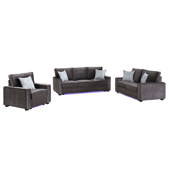 Rita LED living room set, dark gray sofa and two chairs with four accent pillows