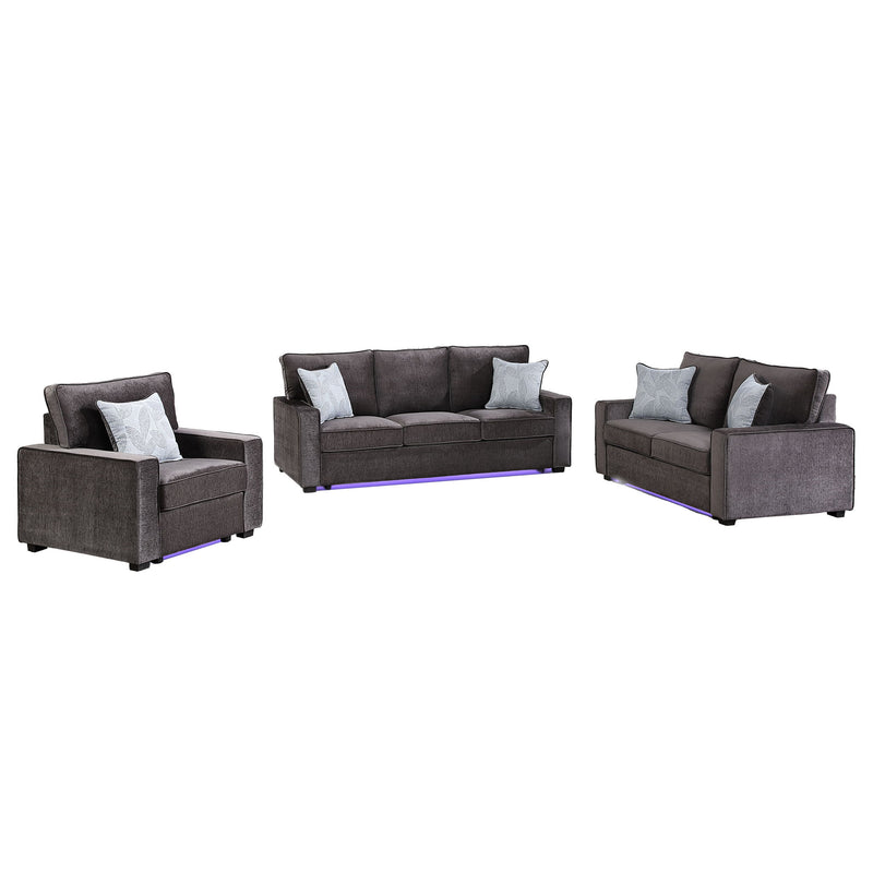 Rita LED living room set, dark gray sofa and two chairs with four accent pillows