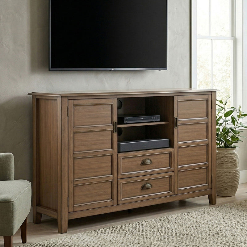Tall TV media stand with warm wood finish, two door cabinets, and two drawers