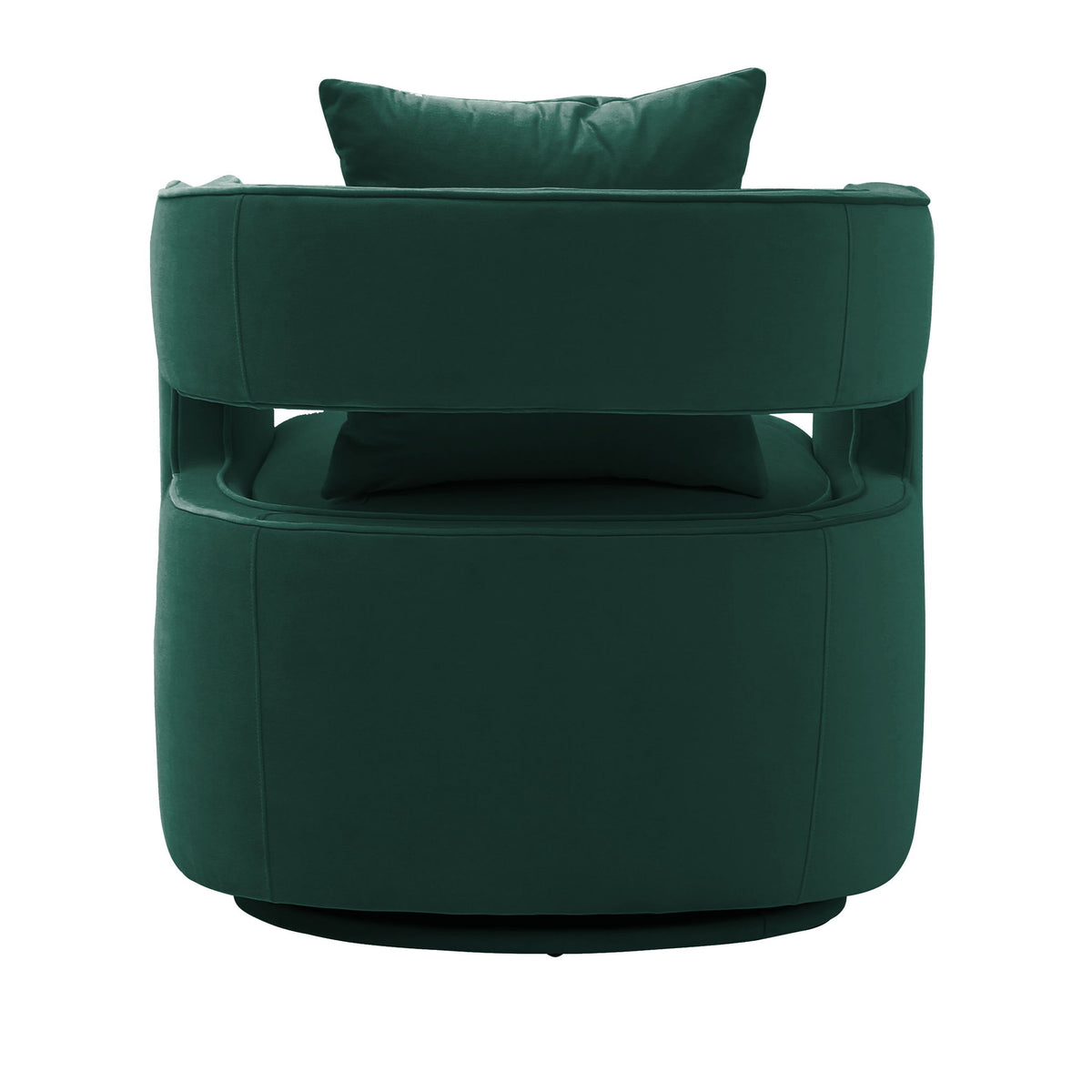 Green swivel accent chair with rounded arms and plush backrest